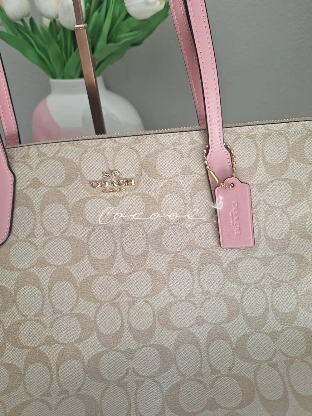 💝NEW COACH ZIP TOP TOTE IN SIGNATURE CANVAS/ LEATHER LIGHT KHAKI PINK